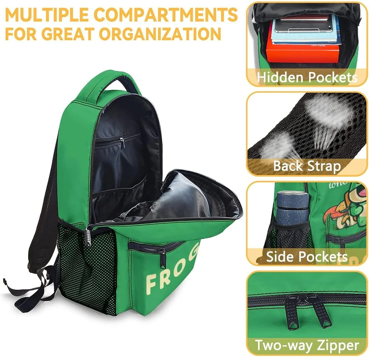 Frog Backpack with Lunch Box And Pencil Case, Set of 3 Cute Bookbag for Girls Boys, Lightweight Large Capacity School Bag