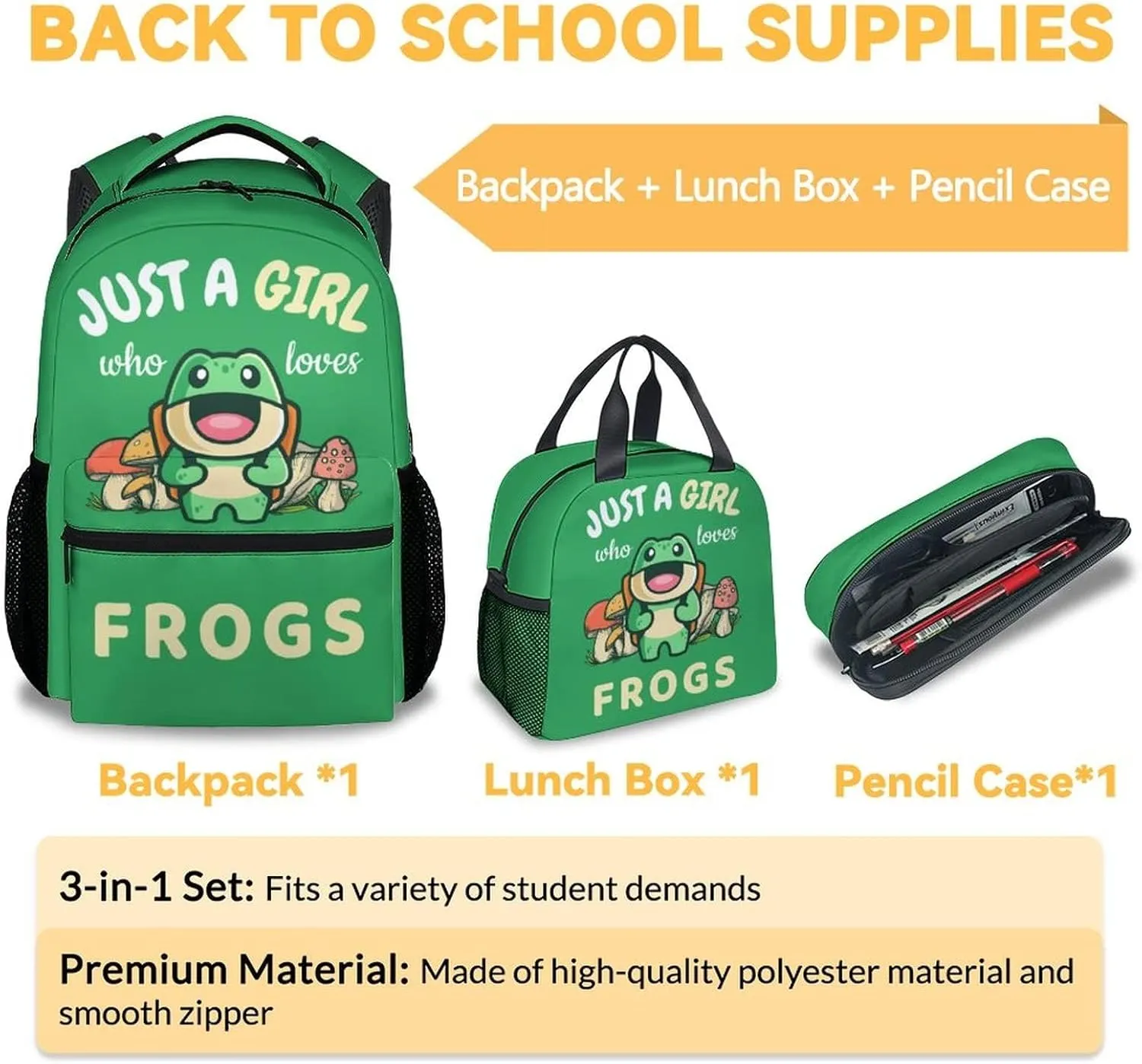 Frog Backpack with Lunch Box And Pencil Case, Set of 3 Cute Bookbag for Girls Boys, Lightweight Large Capacity School Bag