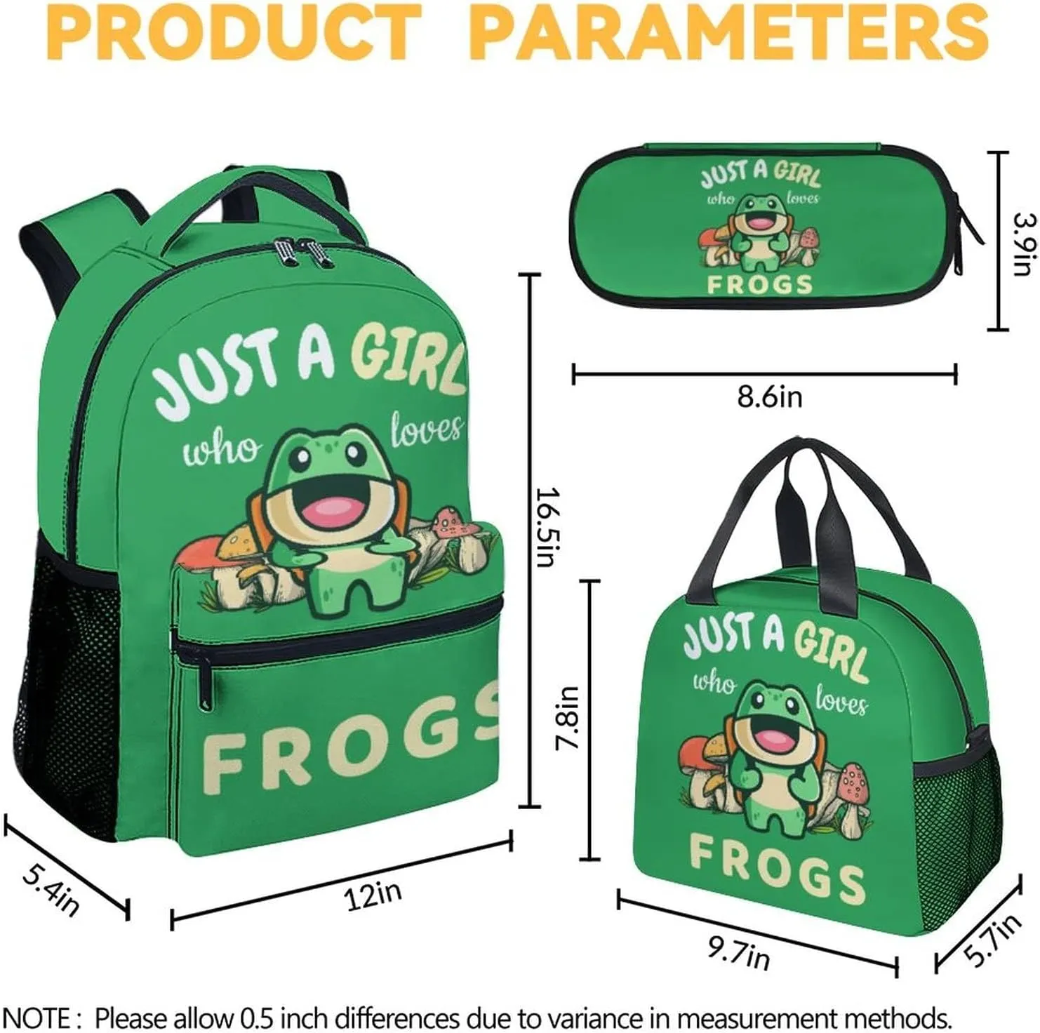 Frog Backpack with Lunch Box And Pencil Case, Set of 3 Cute Bookbag for Girls Boys, Lightweight Large Capacity School Bag