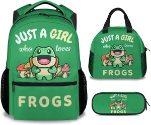 Frog Backpack with Lunch Box And Pencil Case, Set of 3 Cute Bookbag for Girls Boys, Lightweight Large Capacity School Bag