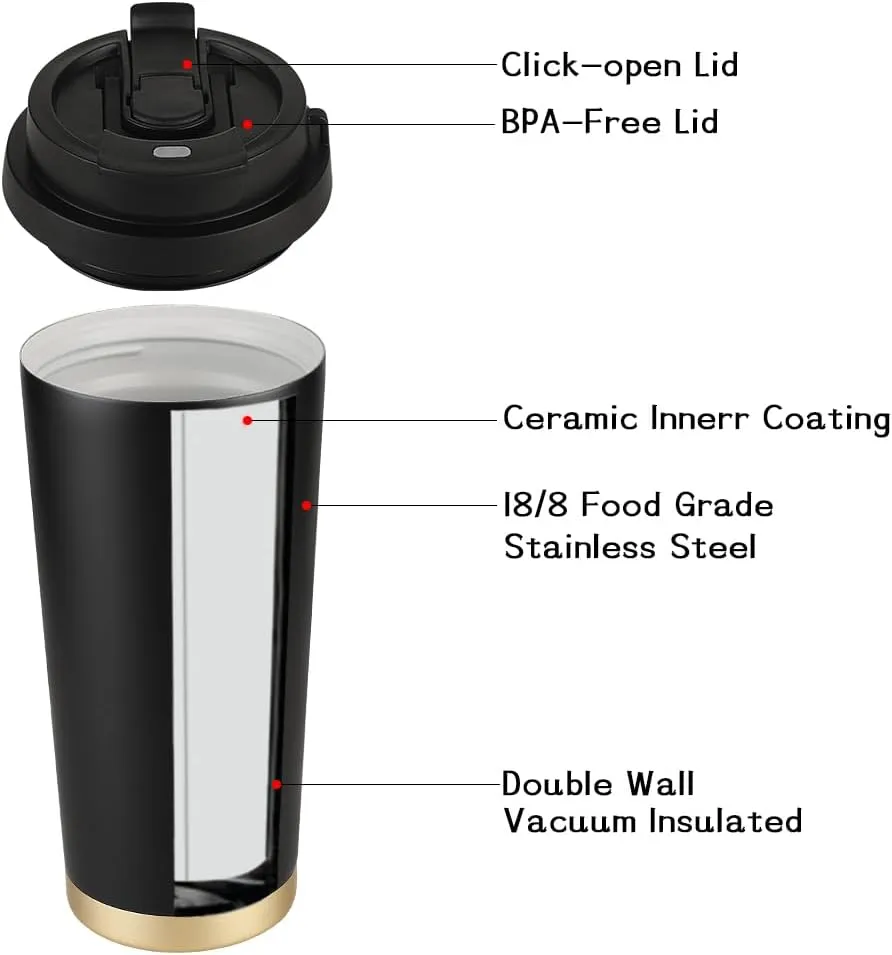 Funkrin Coffee Travel Mug with Straw & Flip Lid, 16oz Insulated Tumbler Cup with Ceramic Coating, Double Wall Vacuum Leak-Proof Thermos Mug for Office School Party Camping