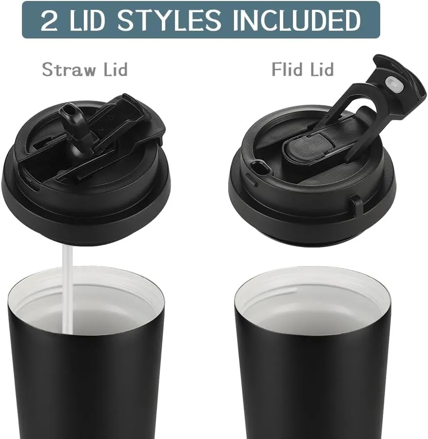 Funkrin Coffee Travel Mug with Straw & Flip Lid, 16oz Insulated Tumbler Cup with Ceramic Coating, Double Wall Vacuum Leak-Proof Thermos Mug for Office School Party Camping