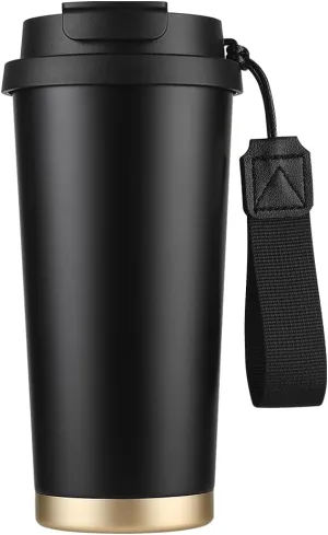Funkrin Coffee Travel Mug with Straw & Flip Lid, 16oz Insulated Tumbler Cup with Ceramic Coating, Double Wall Vacuum Leak-Proof Thermos Mug for Office School Party Camping