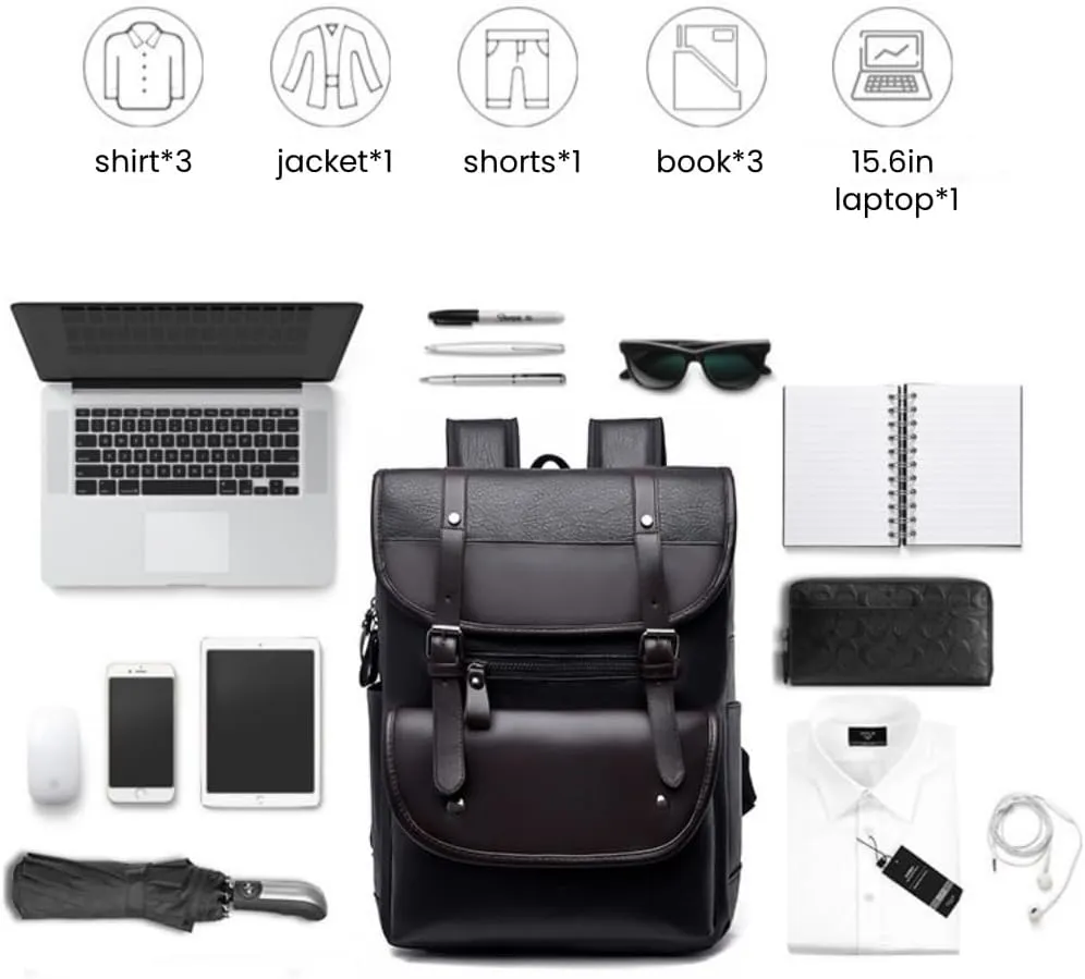 FUNSEED Backpack for Men, Large Capacity Fashion PU Leather 15.6in Laptop Backpack for Business Travel (Khaki)