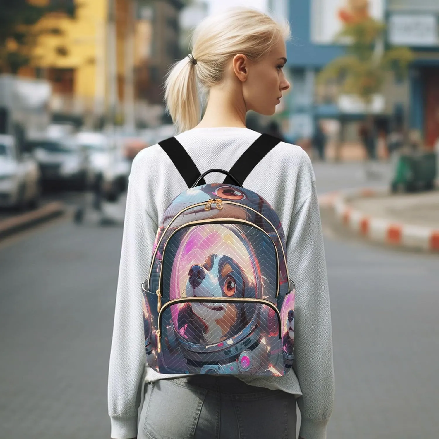 GAIGEO Cute Happy Astronaut Puppy Fashion Daypack, Womens Travel Backpack for Airplane, Comfortable Backpack for Women, M