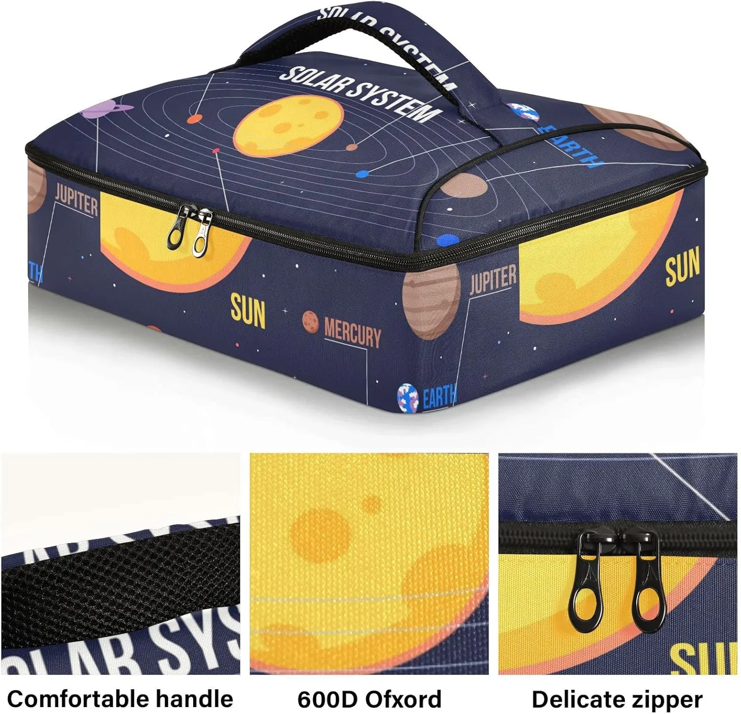 Galaxy Space Seamless Colorful Planets Stars Comets on Black Reusable Insulated Pizza Bag, Waterproof Food Delivery Bag, with Handle Lid Leakproof Pizza Holder Tote for Hot or Cold Food