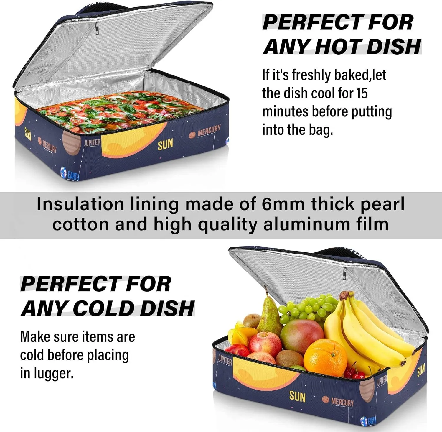 Galaxy Space Seamless Colorful Planets Stars Comets on Black Reusable Insulated Pizza Bag, Waterproof Food Delivery Bag, with Handle Lid Leakproof Pizza Holder Tote for Hot or Cold Food
