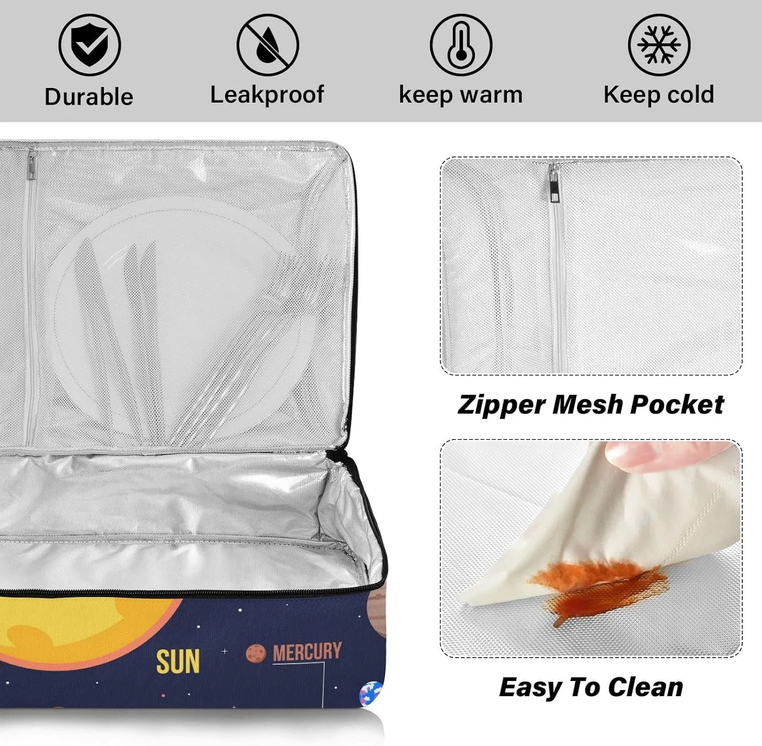 Galaxy Space Seamless Colorful Planets Stars Comets on Black Reusable Insulated Pizza Bag, Waterproof Food Delivery Bag, with Handle Lid Leakproof Pizza Holder Tote for Hot or Cold Food