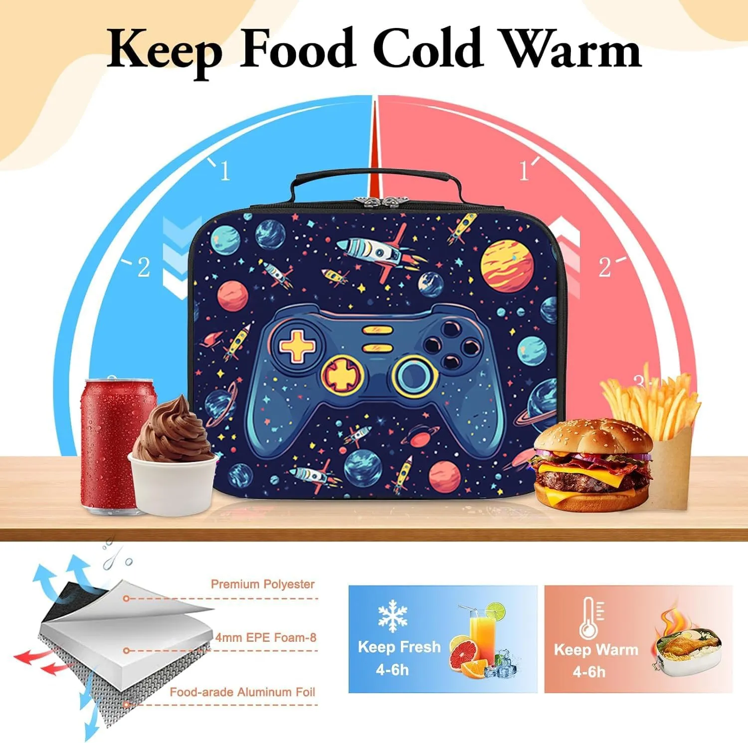 Gamer Lunch Box for Boys, Insulated Reusable Video Game Lunch Bag Portable Waterproof Leakproof Lunch Tote Bag Game boy Lunch Box for School Picnic Travel Back to School Gifts (space game)