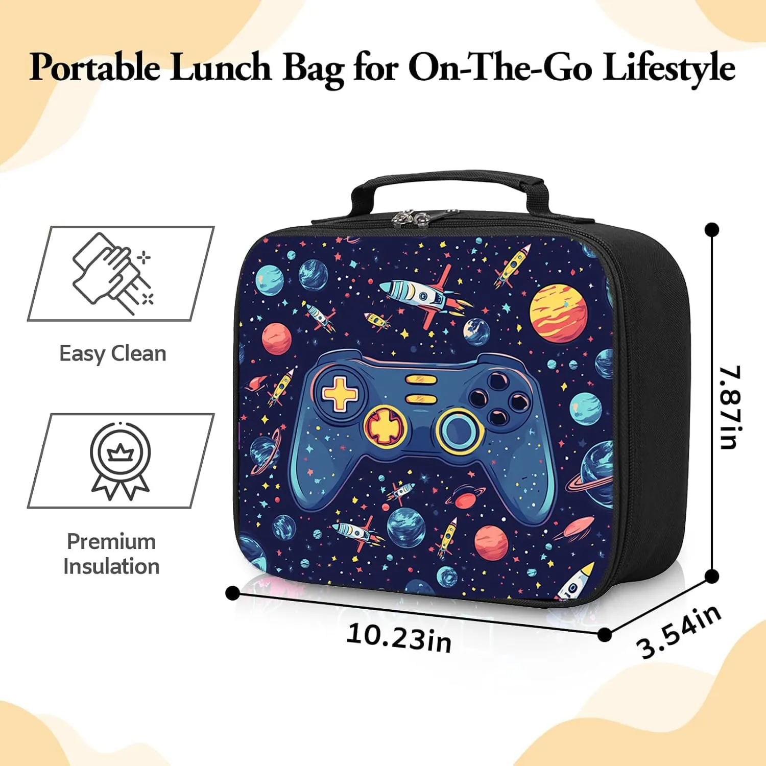 Gamer Lunch Box for Boys, Insulated Reusable Video Game Lunch Bag Portable Waterproof Leakproof Lunch Tote Bag Game boy Lunch Box for School Picnic Travel Back to School Gifts (space game)