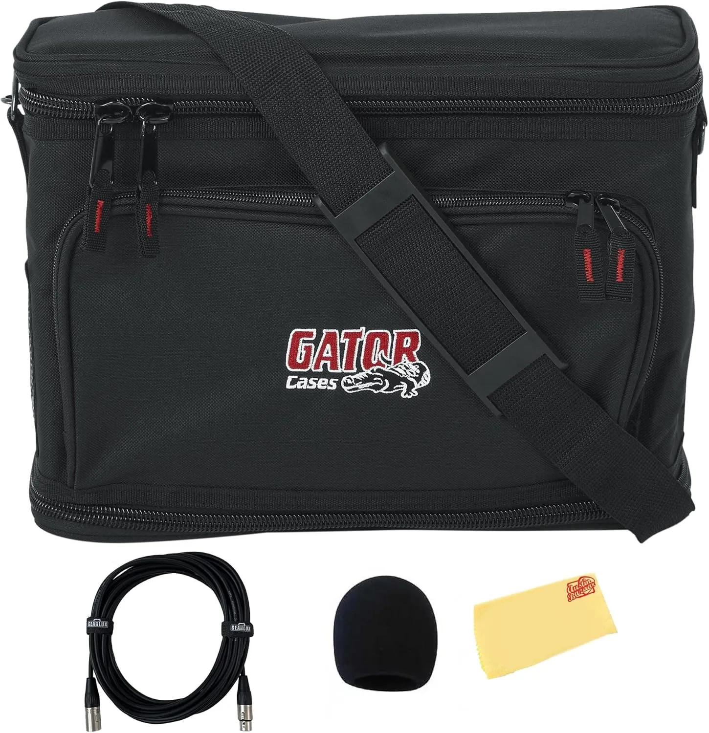 Gator GM-1W Padded Bag for a Single Wireless Mic System - Bundle with Mic Windscreen, 10ft Instrument Cable, and Austin Bazaar Polishing Cloth