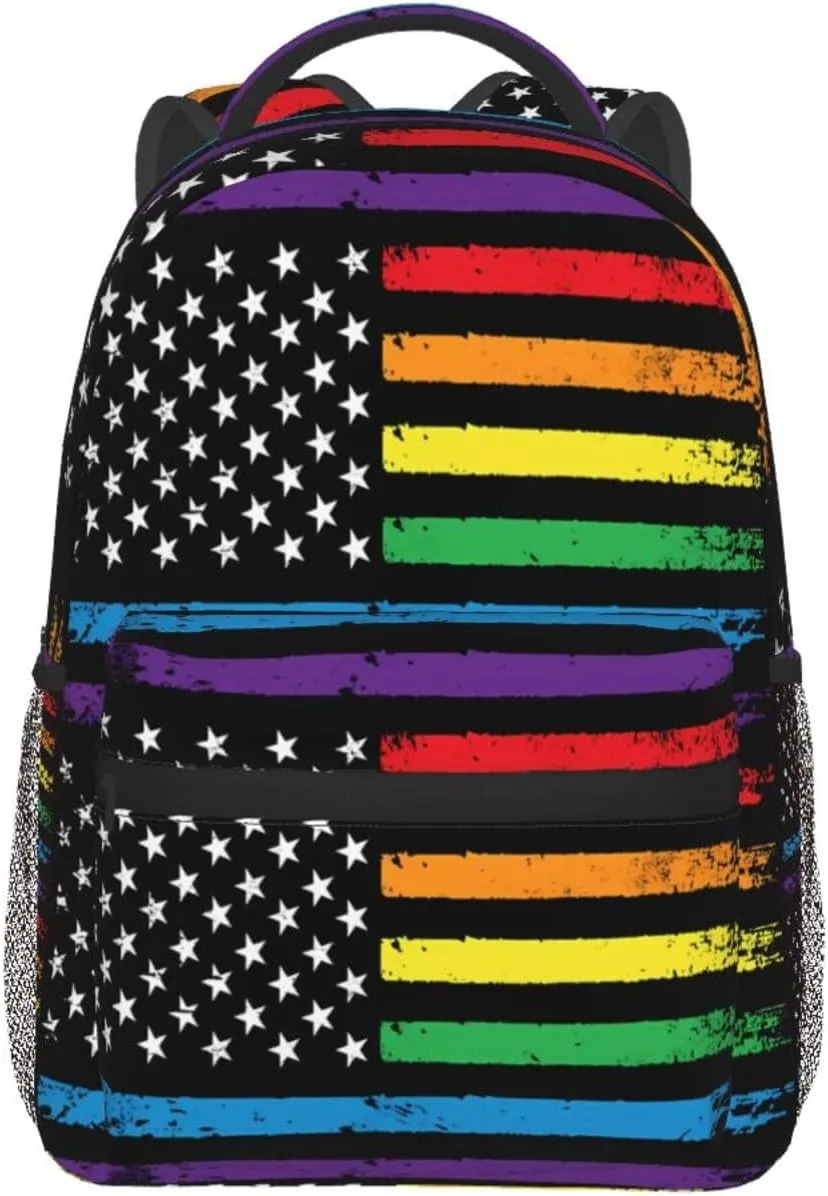 Gay Pride Rainbow American Flag Lgbt Progress Flag Backpack Casual Pack Bag Laptop Backpack With Side Pocket Front Zipper Pocket Bookpack Travel Daypack Picnic Rucksack
