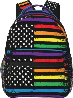 Gay Pride Rainbow American Flag Lgbt Progress Flag Backpack Casual Pack Bag Laptop Backpack With Side Pocket Front Zipper Pocket Bookpack Travel Daypack Picnic Rucksack