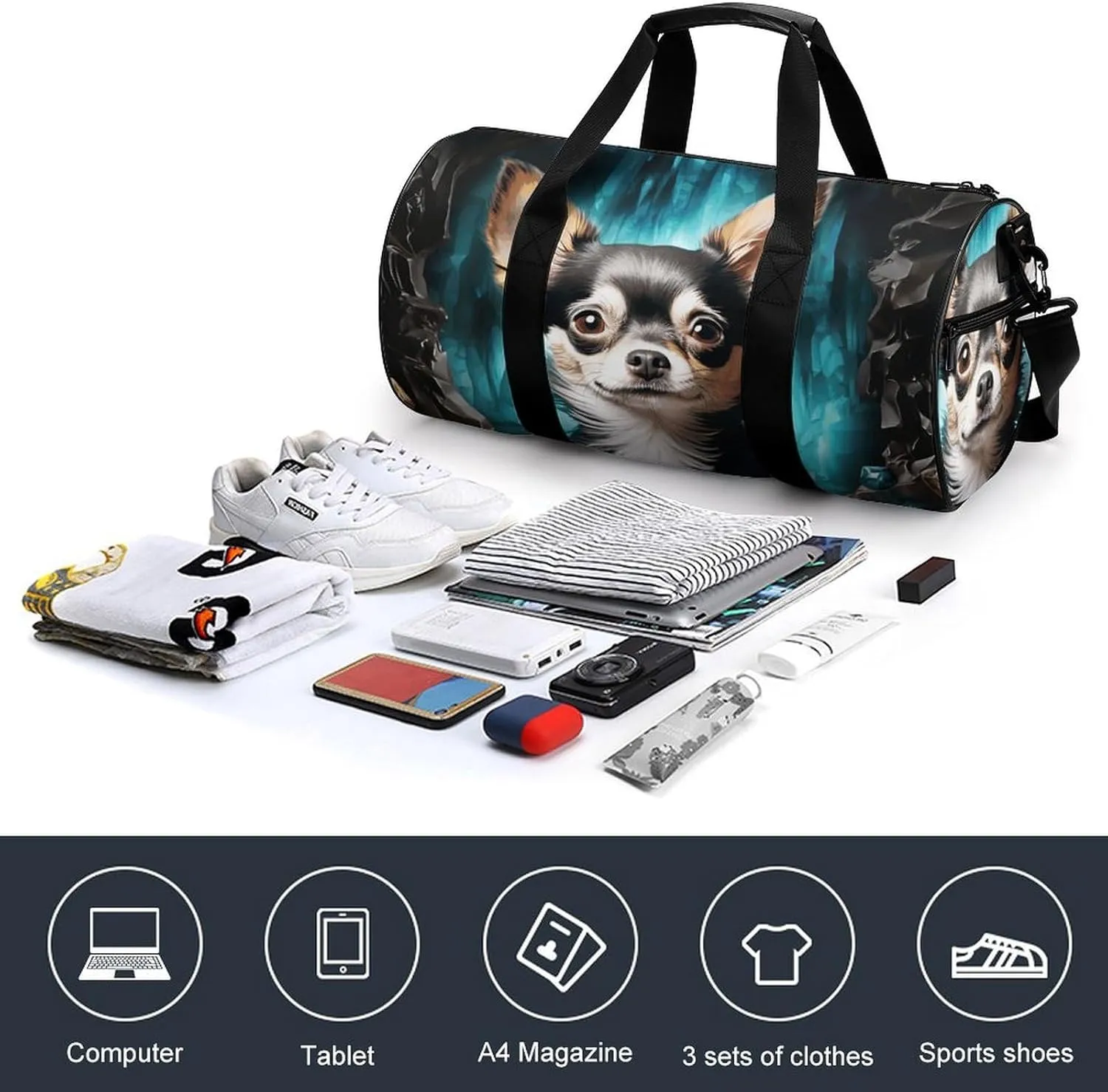 Gem Cave Chihuahua Gym Bag Small Travel Duffle Bag with Compartment Carry On Weekender Bag for Women Men