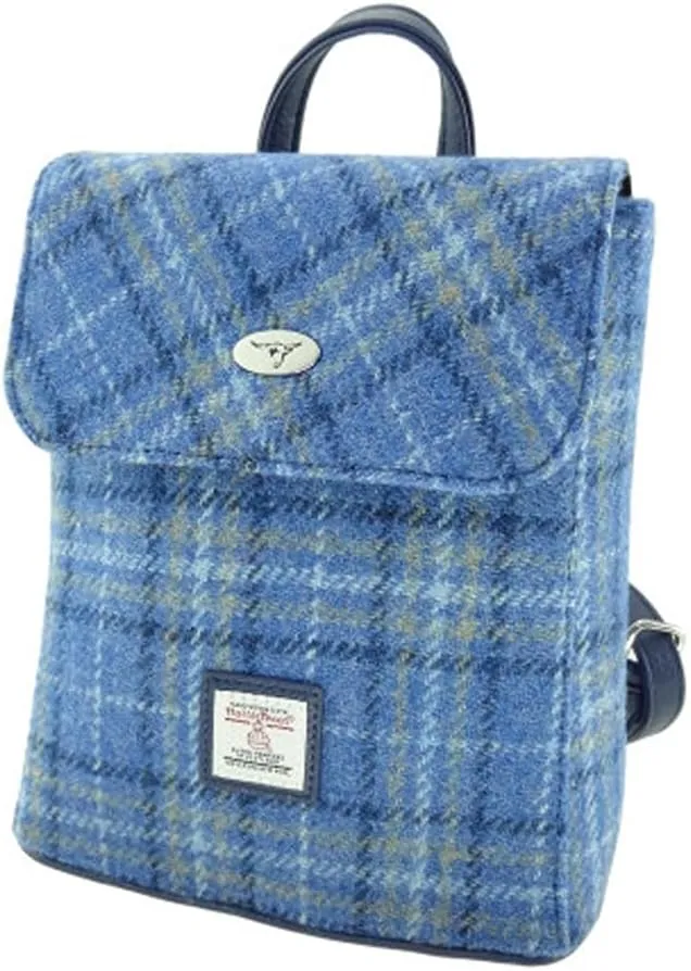 Genuine Scottish Harris Tweed Mini Backpack/Rucksack 'Tummel' in Multi Colour Tartan - LB1213 (Light Blue Check)