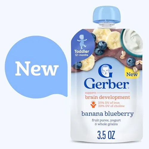 Gerber Toddler Food, Banana Blueberry, Fruit Puree, Yogurt & Whole Grains Pouches, Iron & Choline Helps Support Brain Development, No Artificial Flavors, 12-Pack
