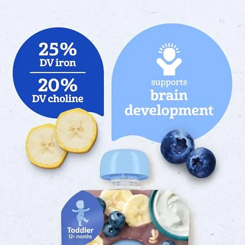 Gerber Toddler Food, Banana Blueberry, Fruit Puree, Yogurt & Whole Grains Pouches, Iron & Choline Helps Support Brain Development, No Artificial Flavors, 12-Pack