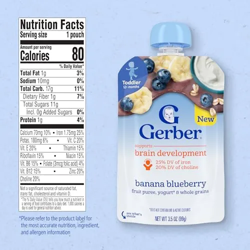 Gerber Toddler Food, Banana Blueberry, Fruit Puree, Yogurt & Whole Grains Pouches, Iron & Choline Helps Support Brain Development, No Artificial Flavors, 12-Pack