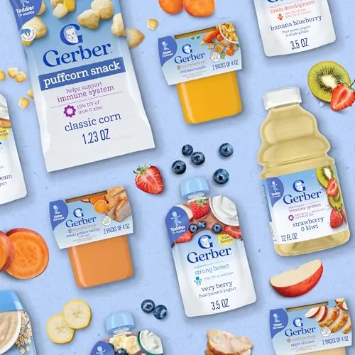 Gerber Toddler Food, Banana Blueberry, Fruit Puree, Yogurt & Whole Grains Pouches, Iron & Choline Helps Support Brain Development, No Artificial Flavors, 12-Pack