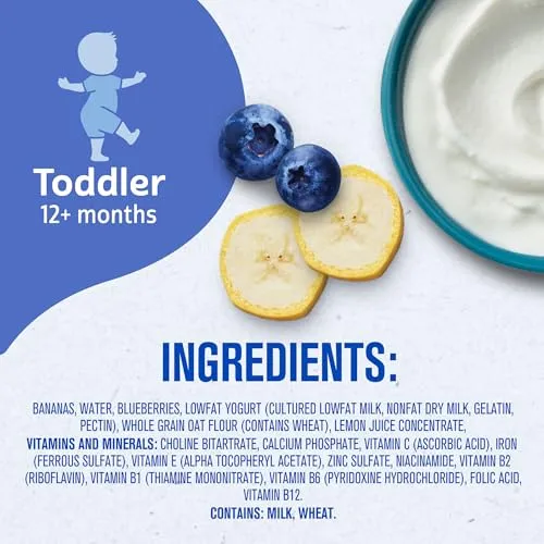 Gerber Toddler Food, Banana Blueberry, Fruit Puree, Yogurt & Whole Grains Pouches, Iron & Choline Helps Support Brain Development, No Artificial Flavors, 12-Pack