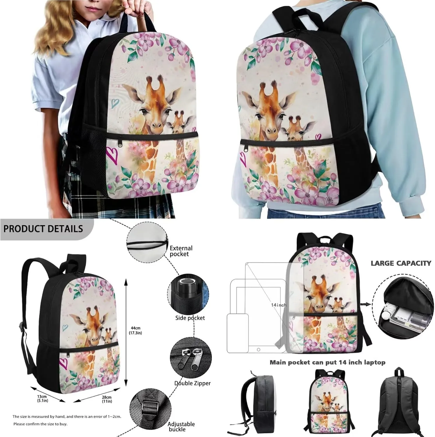 Giraffe Flower Printed 4 in 1 School Backpack Set with Insulated Lunch Bag, 17 Inch Backpack with Pencil Case, Water Bottle Holder for Travel Camping