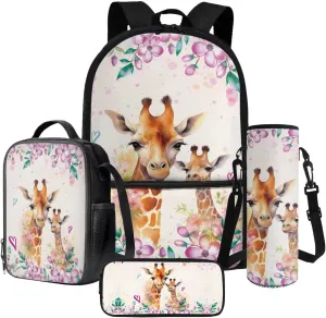 Giraffe Flower Printed 4 in 1 School Backpack Set with Insulated Lunch Bag, 17 Inch Backpack with Pencil Case, Water Bottle Holder for Travel Camping