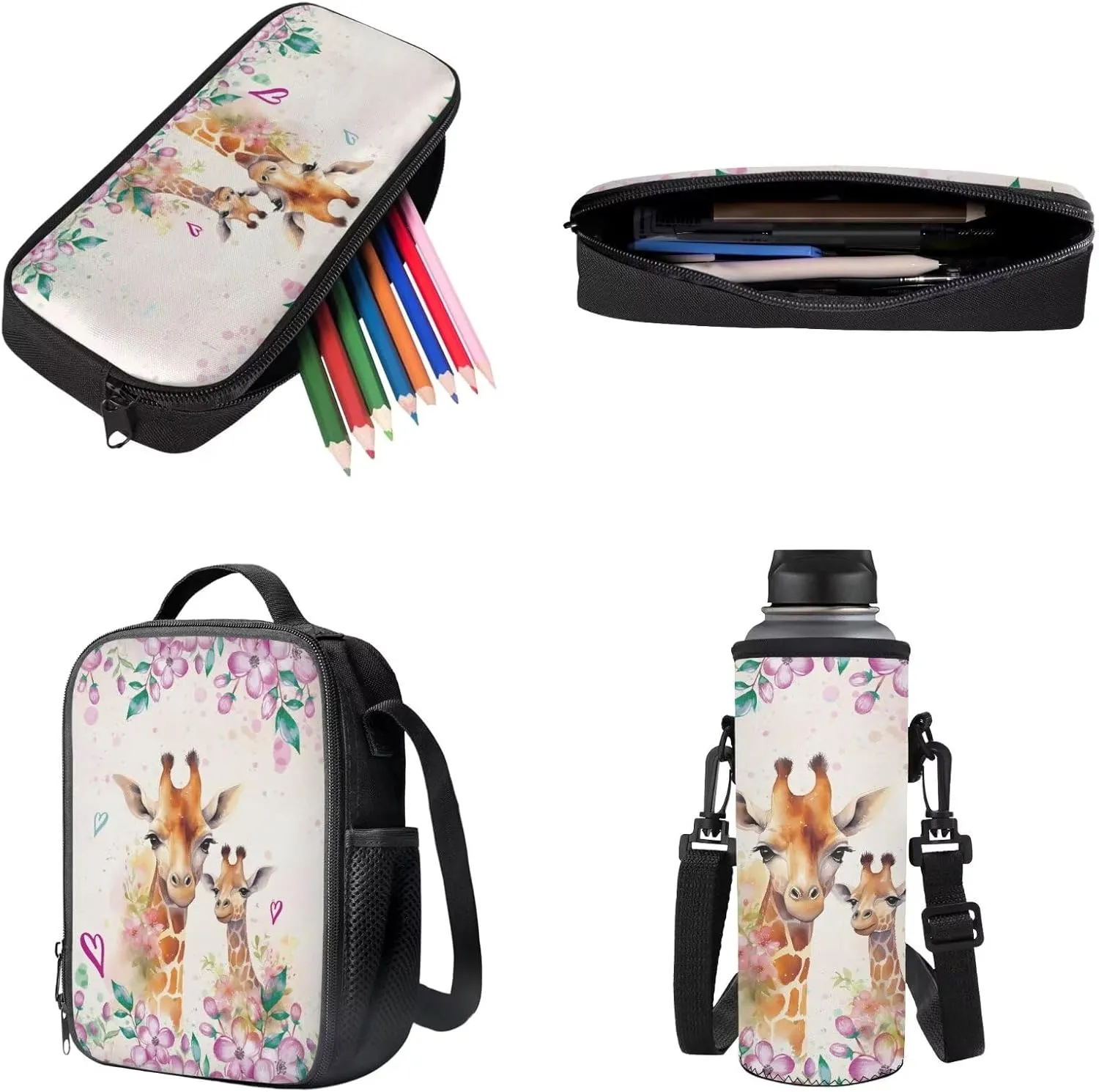 Giraffe Flower Printed 4 in 1 School Backpack Set with Insulated Lunch Bag, 17 Inch Backpack with Pencil Case, Water Bottle Holder for Travel Camping