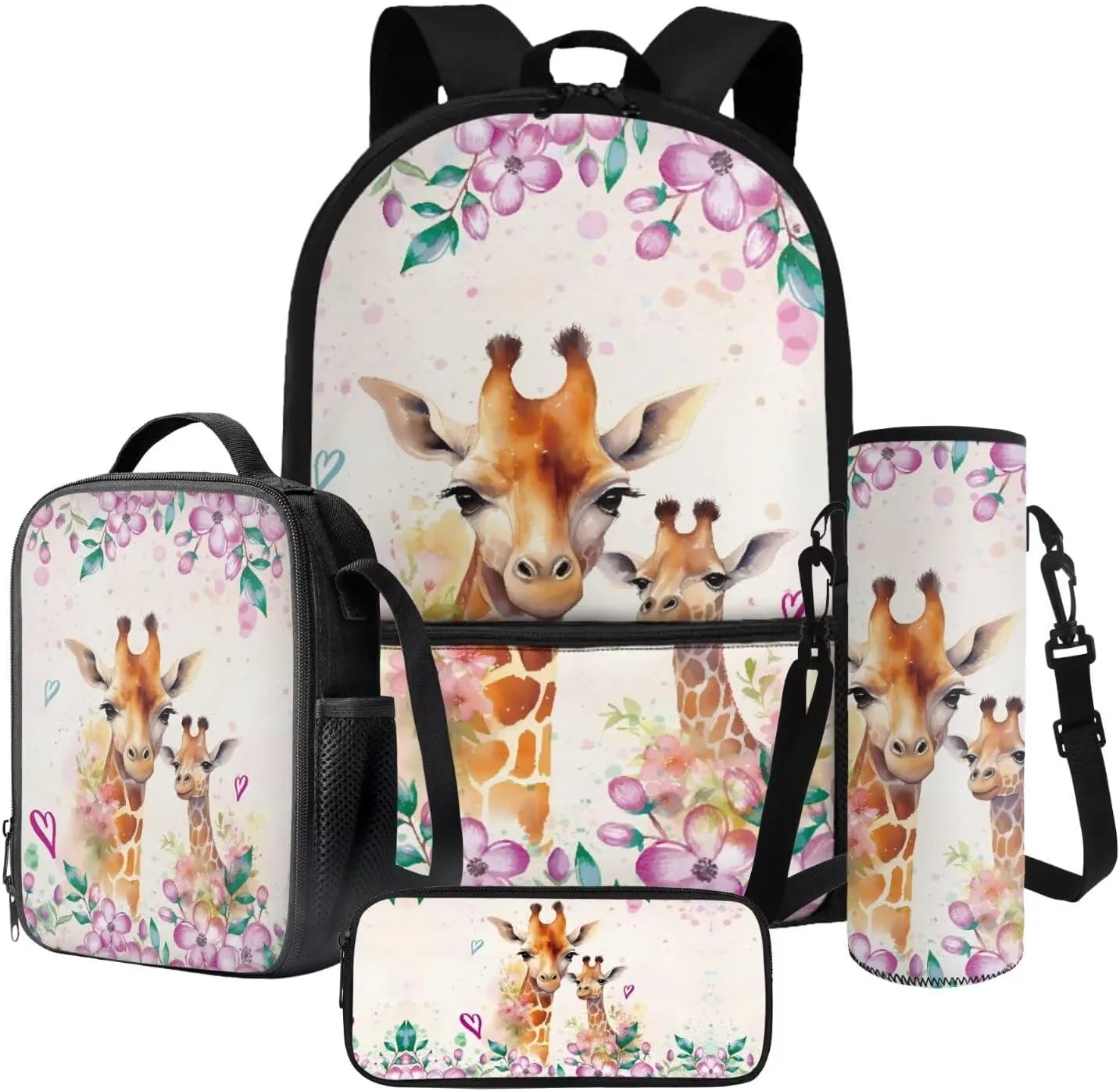 Giraffe Flower Printed 4 in 1 School Backpack Set with Insulated Lunch Bag, 17 Inch Backpack with Pencil Case, Water Bottle Holder for Travel Camping