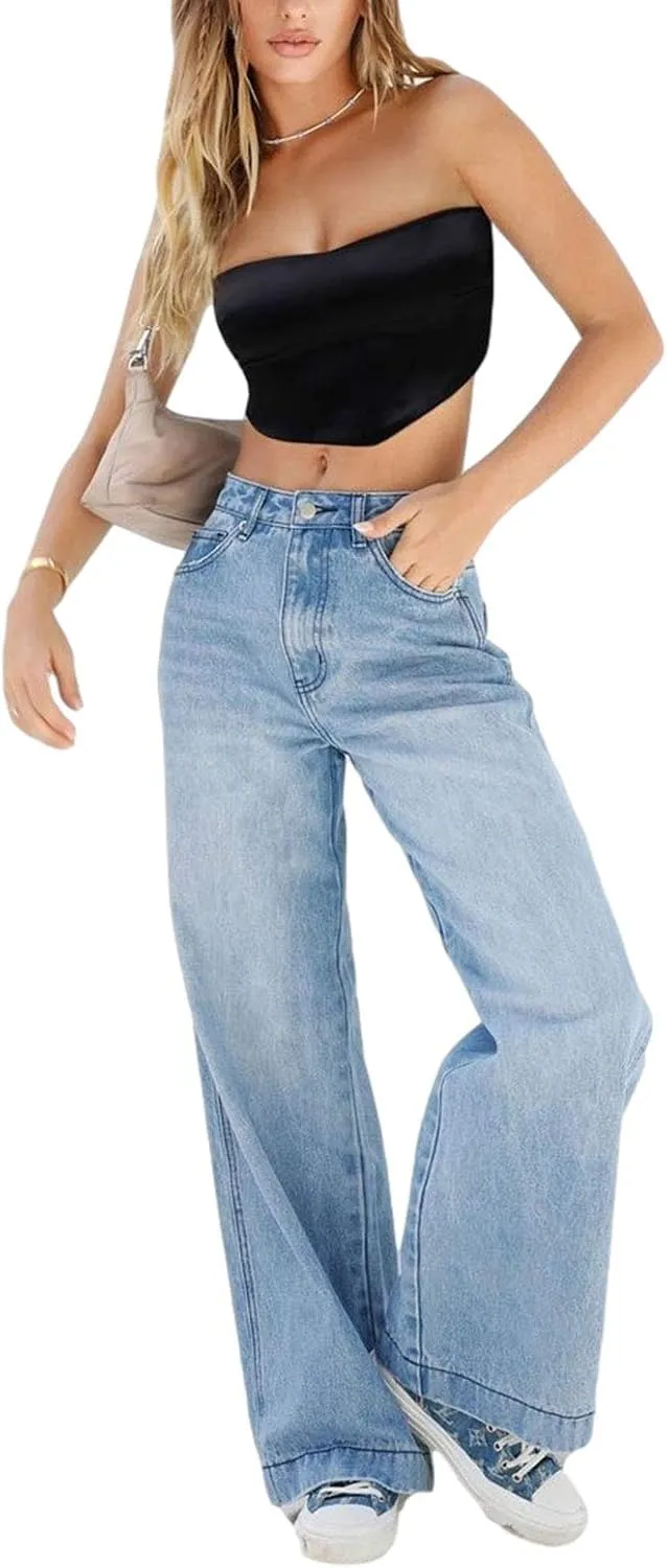 Giraropa Women Y2k Low Rise Jeans Vintage Baggy Straight Wide Leg Boyfriend Jeans Casual Loose Fit Long Denim Pants