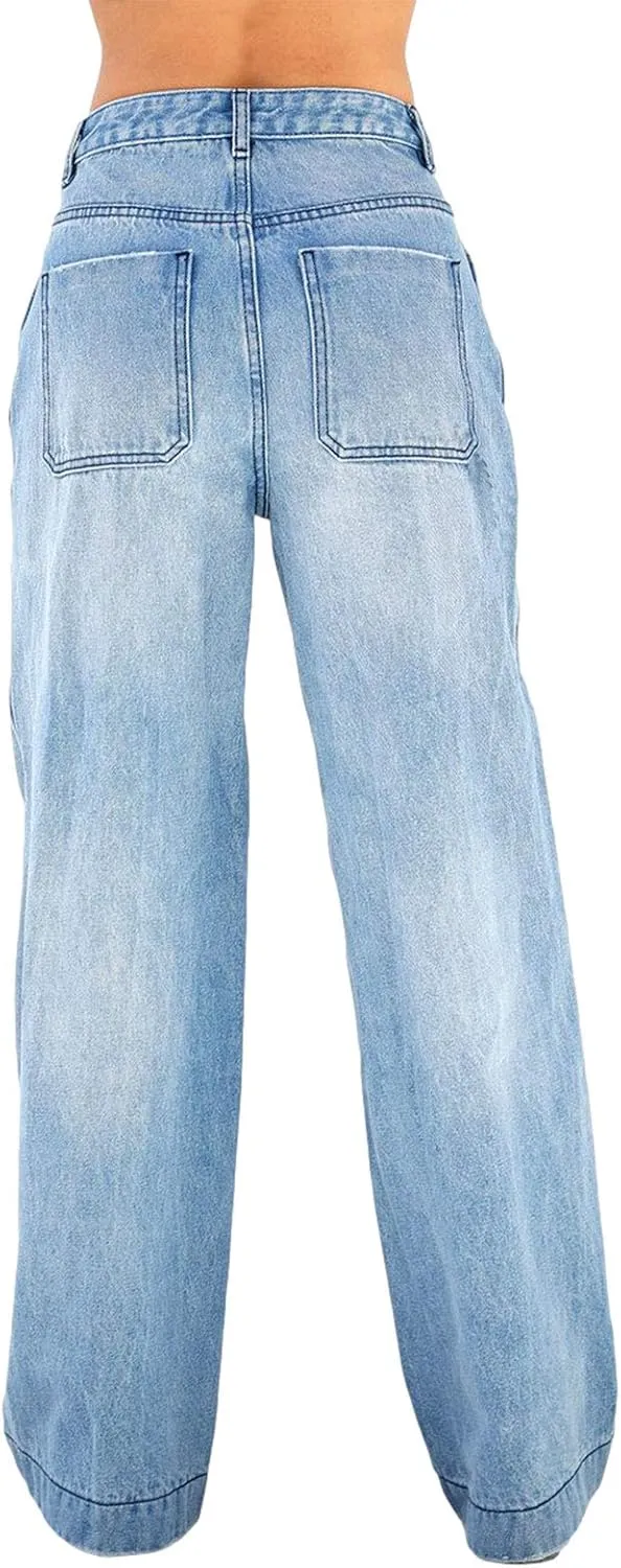 Giraropa Women Y2k Low Rise Jeans Vintage Baggy Straight Wide Leg Boyfriend Jeans Casual Loose Fit Long Denim Pants