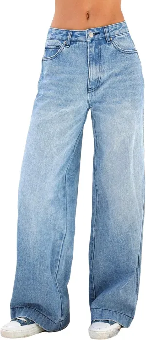 Giraropa Women Y2k Low Rise Jeans Vintage Baggy Straight Wide Leg Boyfriend Jeans Casual Loose Fit Long Denim Pants