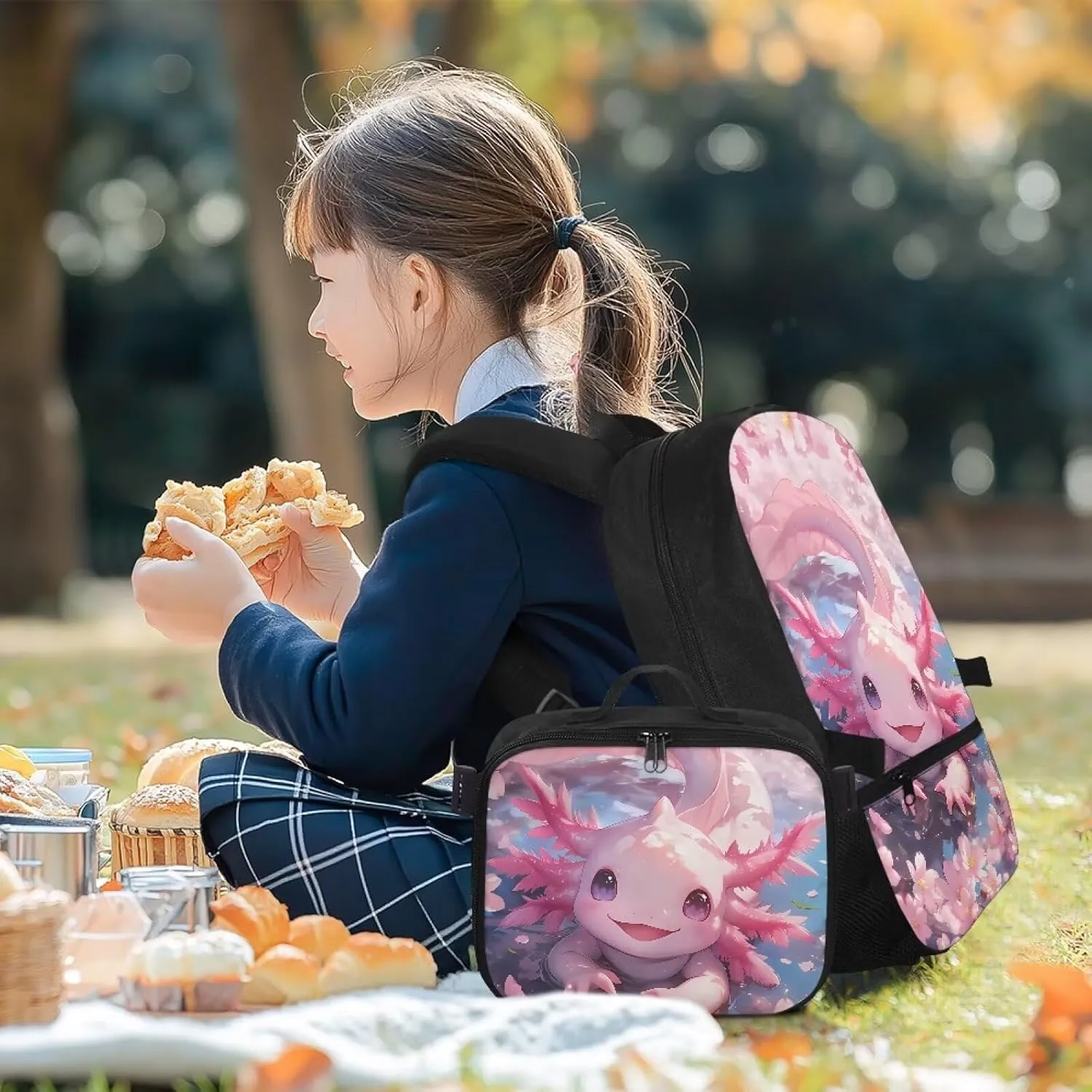 Girls Axolotl Backpack With Lunch Box Axolotl Lunchbox for School Girls 4th Grade with Lunch Box,Kids Bookbag and Lunch Bag Set Elementary School Book Bag Insulated Lunchbox 2 In 1