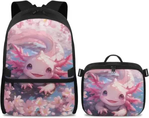 Girls Axolotl Backpack With Lunch Box Axolotl Lunchbox for School Girls 4th Grade with Lunch Box,Kids Bookbag and Lunch Bag Set Elementary School Book Bag Insulated Lunchbox 2 In 1