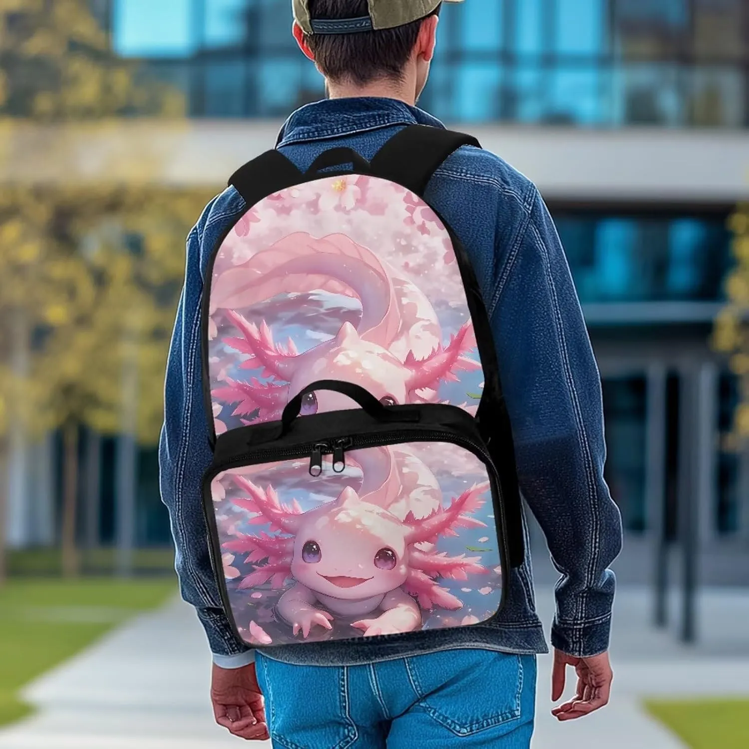Girls Axolotl Backpack With Lunch Box Axolotl Lunchbox for School Girls 4th Grade with Lunch Box,Kids Bookbag and Lunch Bag Set Elementary School Book Bag Insulated Lunchbox 2 In 1