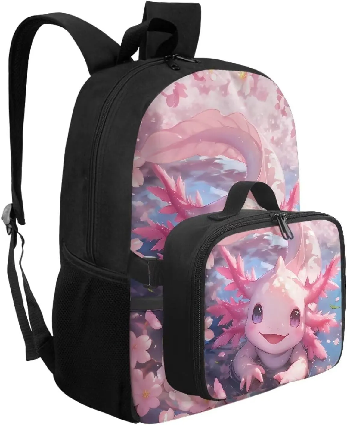 Girls Axolotl Backpack With Lunch Box Axolotl Lunchbox for School Girls 4th Grade with Lunch Box,Kids Bookbag and Lunch Bag Set Elementary School Book Bag Insulated Lunchbox 2 In 1
