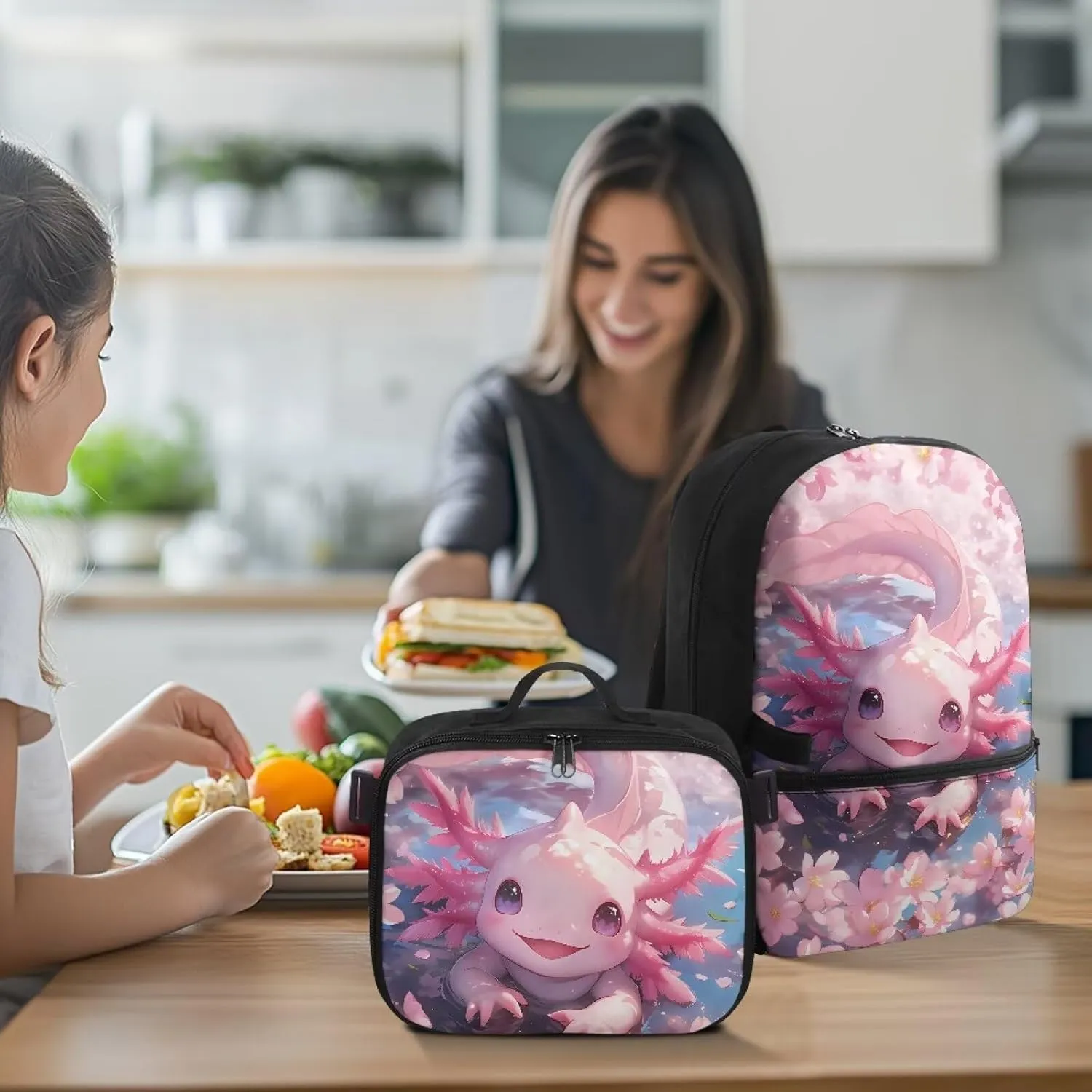 Girls Axolotl Backpack With Lunch Box Axolotl Lunchbox for School Girls 4th Grade with Lunch Box,Kids Bookbag and Lunch Bag Set Elementary School Book Bag Insulated Lunchbox 2 In 1