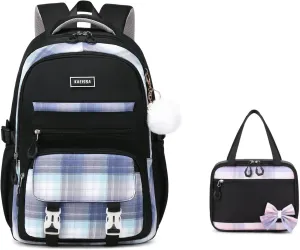 Girls Backpack, 2pcs Set Kawaii Kids Backpack with Insulated Lunch Box Bag Girls Bookbag School Bag for Age 6-12 Years Old, Black Plain