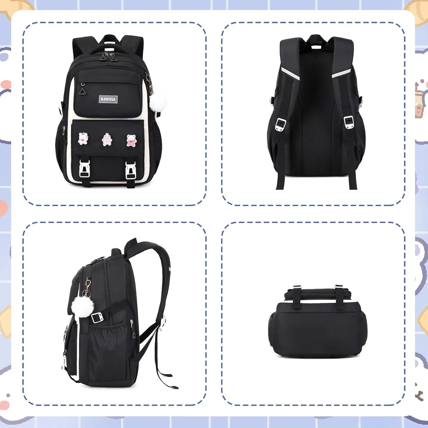 Girls Backpack, 3pcs Sets Kids Backpack for Girls with Anti-theft Back Pocket, Lightweight School Backpack Water Resistant Lunch Bag with Pencil case for Elementary Primary School, Black