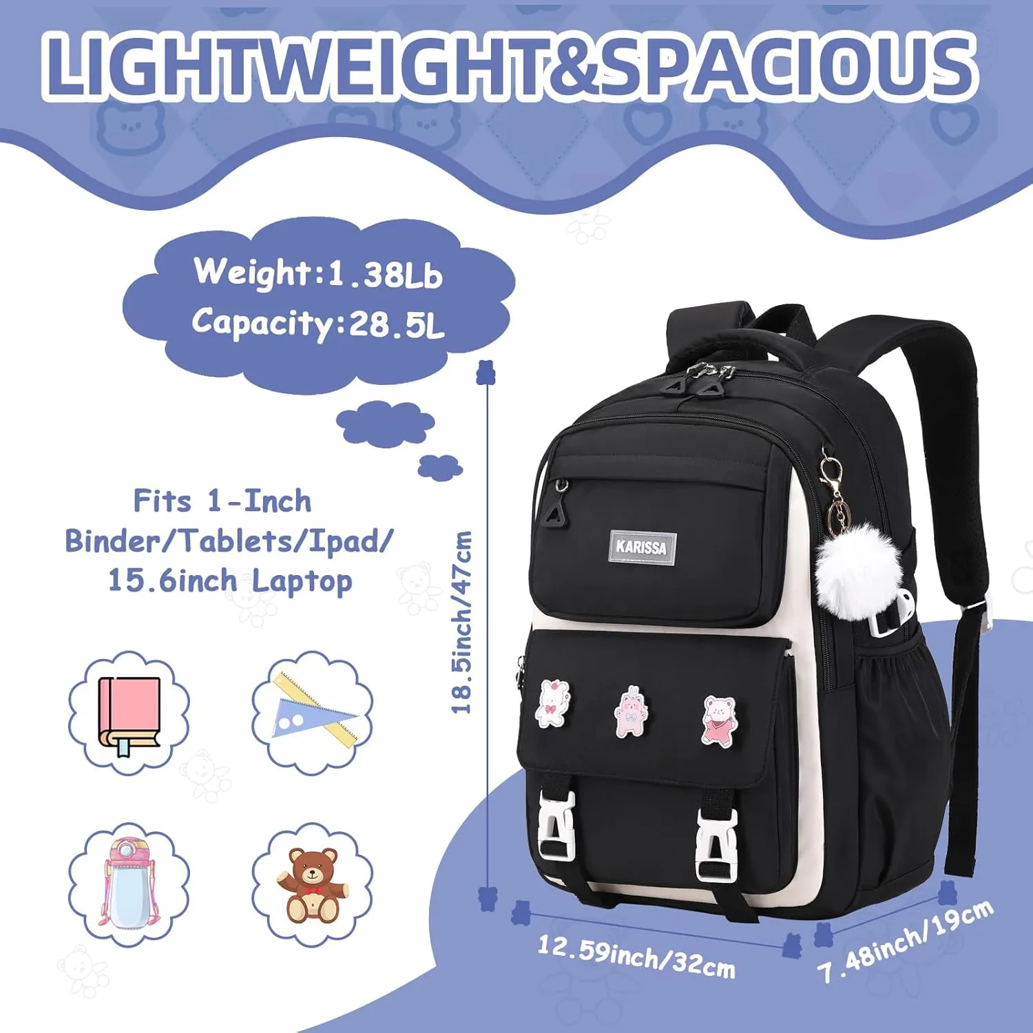 Girls Backpack, 3pcs Sets Kids Backpack for Girls with Anti-theft Back Pocket, Lightweight School Backpack Water Resistant Lunch Bag with Pencil case for Elementary Primary School, Black