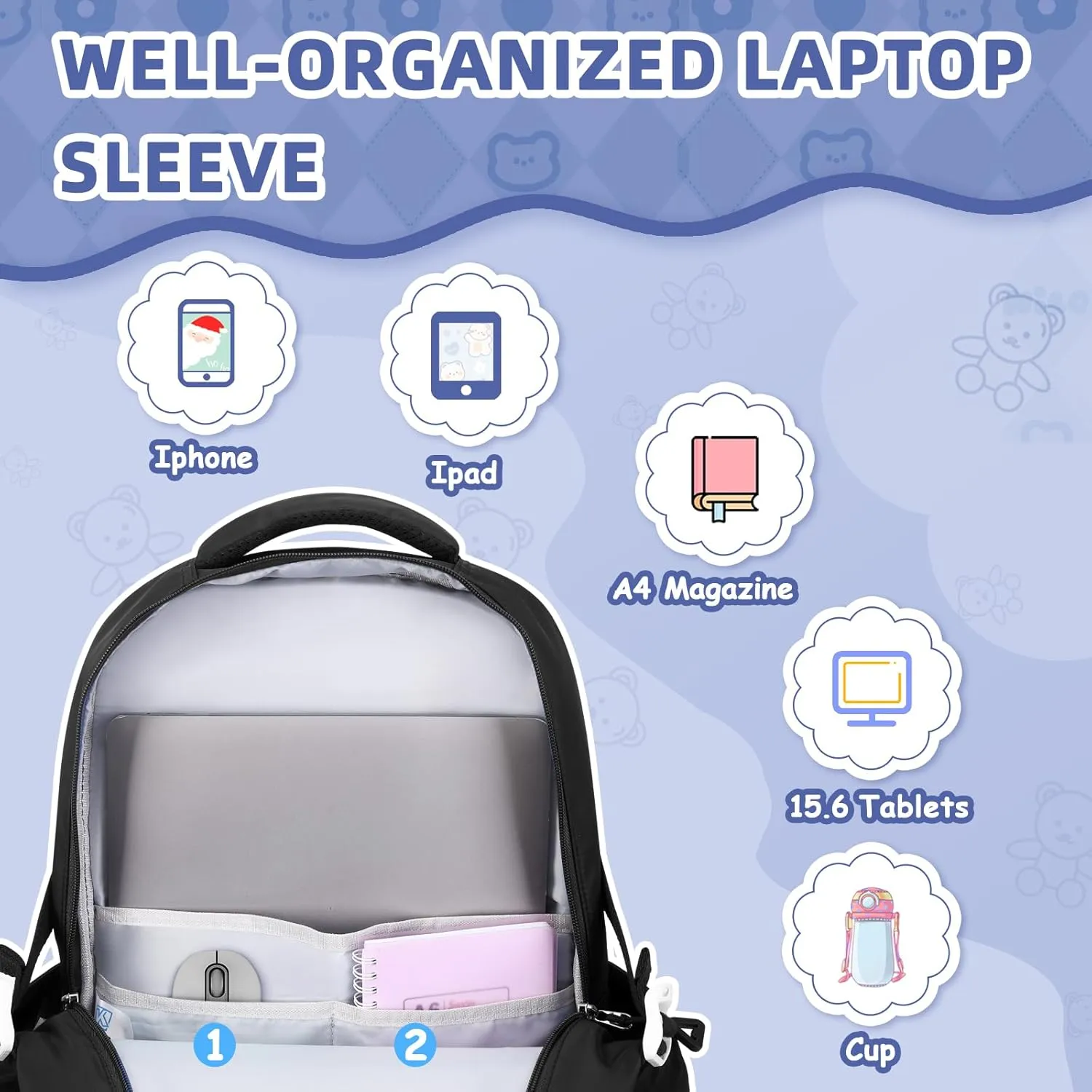 Girls Backpack, 3pcs Sets Kids Backpack for Girls with Anti-theft Back Pocket, Lightweight School Backpack Water Resistant Lunch Bag with Pencil case for Elementary Primary School, Black