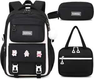 Girls Backpack, 3pcs Sets Kids Backpack for Girls with Anti-theft Back Pocket, Lightweight School Backpack Water Resistant Lunch Bag with Pencil case for Elementary Primary School, Black