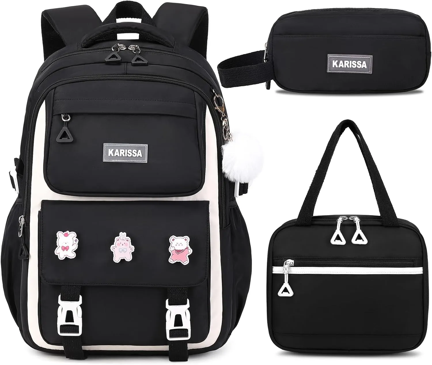 Girls Backpack, 3pcs Sets Kids Backpack for Girls with Anti-theft Back Pocket, Lightweight School Backpack Water Resistant Lunch Bag with Pencil case for Elementary Primary School, Black