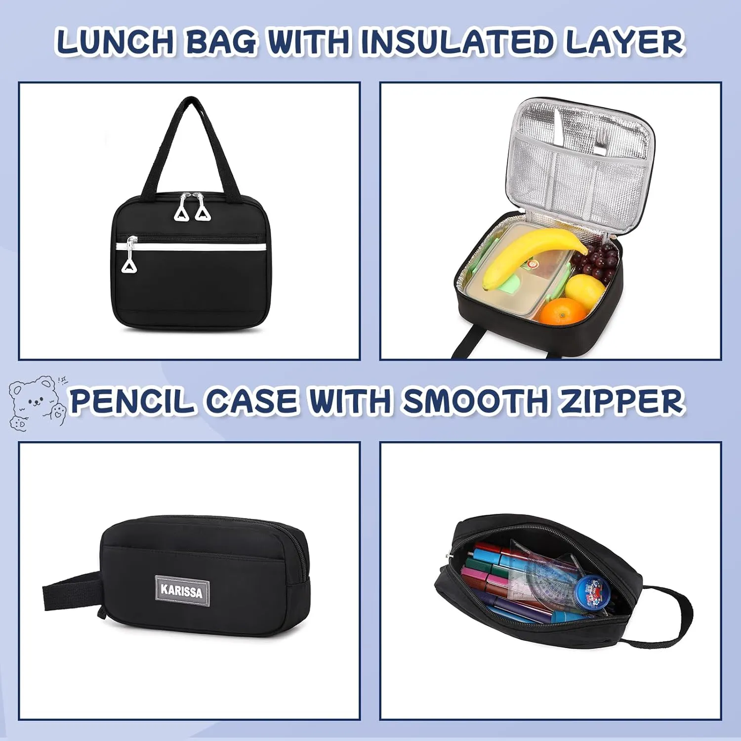 Girls Backpack, 3pcs Sets Kids Backpack for Girls with Anti-theft Back Pocket, Lightweight School Backpack Water Resistant Lunch Bag with Pencil case for Elementary Primary School, Black