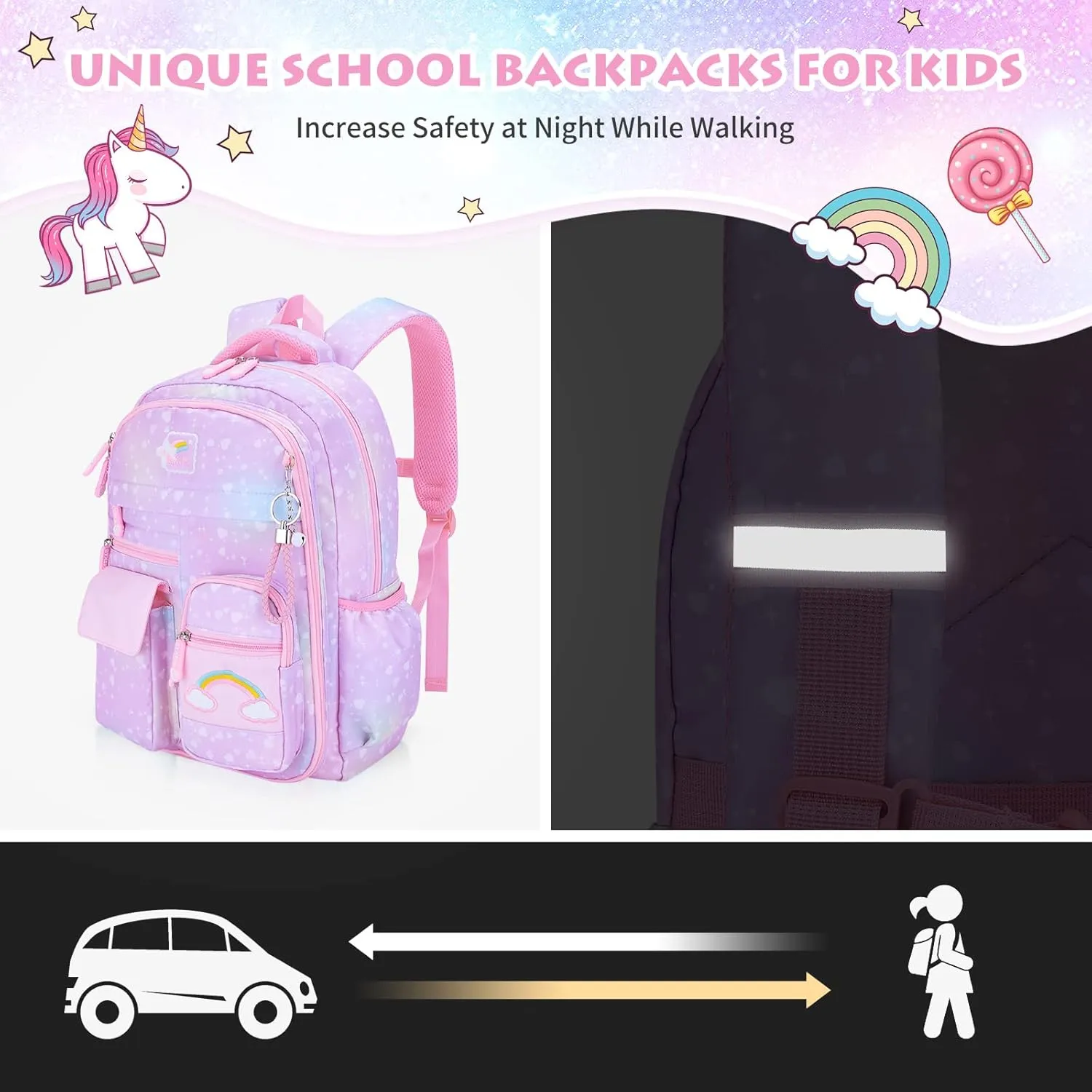 Girls Backpack, School Kids Backpacks for Girls, Cute Book Bag with Compartments for Girl Kid Students Elementary School, Kids' School Bag(Purple)