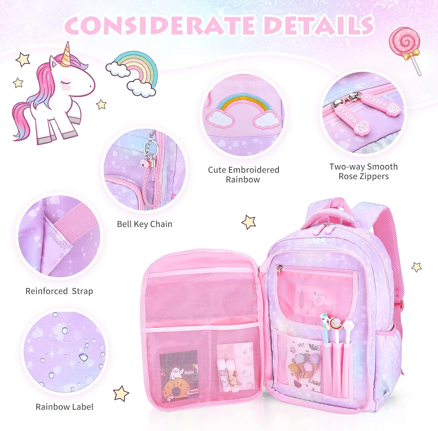 Girls Backpack, School Kids Backpacks for Girls, Cute Book Bag with Compartments for Girl Kid Students Elementary School, Kids' School Bag(Purple)
