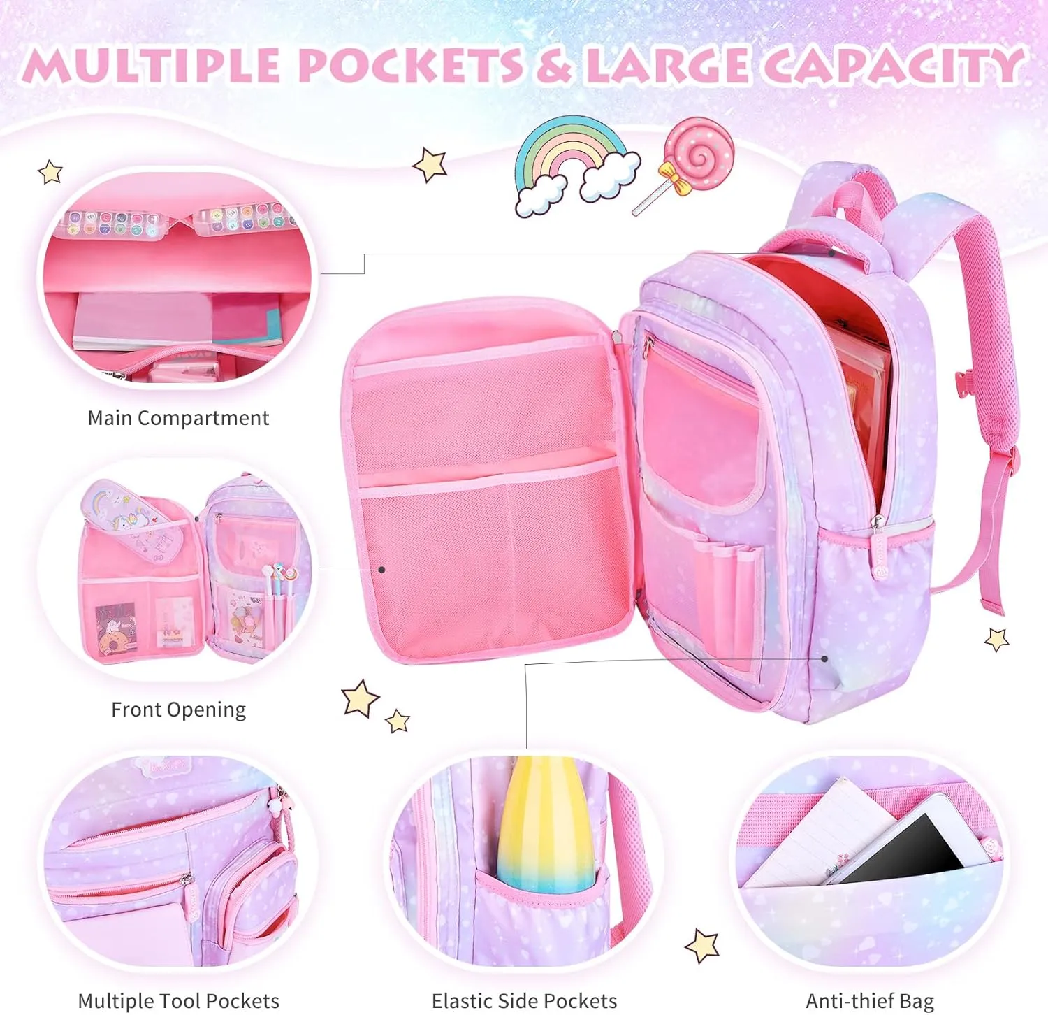 Girls Backpack, School Kids Backpacks for Girls, Cute Book Bag with Compartments for Girl Kid Students Elementary School, Kids' School Bag(Purple)