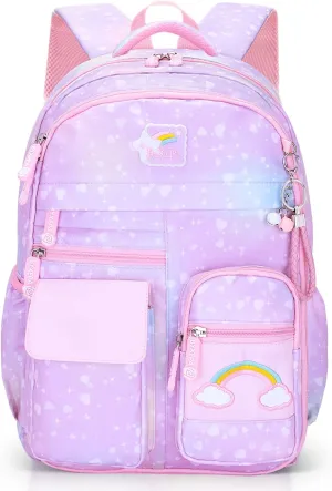 Girls Backpack, School Kids Backpacks for Girls, Cute Book Bag with Compartments for Girl Kid Students Elementary School, Kids' School Bag(Purple)