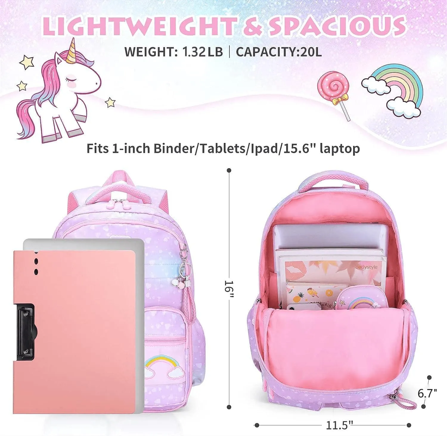 Girls Backpack, School Kids Backpacks for Girls, Cute Book Bag with Compartments for Girl Kid Students Elementary School, Kids' School Bag(Purple)