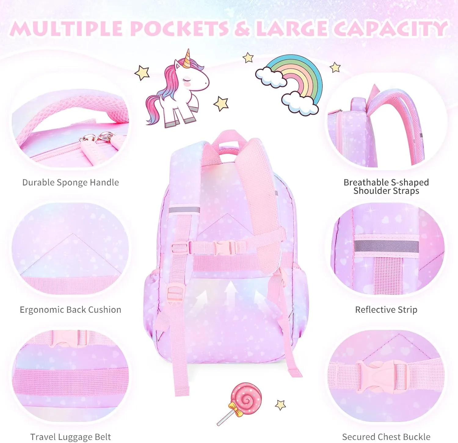 Girls Backpack, School Kids Backpacks for Girls, Cute Book Bag with Compartments for Girl Kid Students Elementary School, Kids' School Bag(Purple)