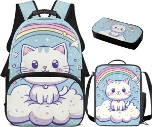 Girls Backpack Set Cute Cat Rainbow School Bag for Toddler Large Pencil Case Middle School Bookbag for Ages 14-16 Adjustable Straps 3 in 1